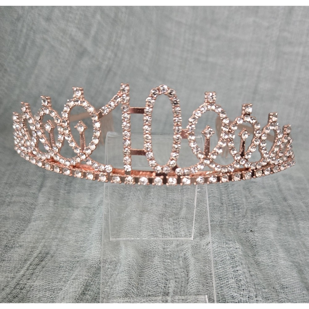 Birthday "10" Tiara Rose Gold Color With Rhinestone & Flourishes‎ On Side Combs